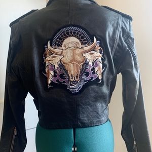 100% Leather Cropped Motorcycle Jacket w/Patchwork